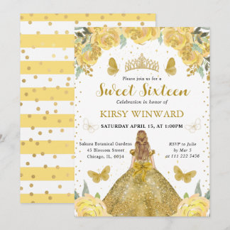 Gold Dress Blonde Princess Sweet 16 Einladung