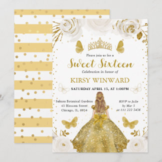 Gold Dress Blonde Princess Sweet 16 Einladung
