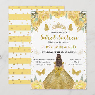 Gold Dress Brünett Princess Sweet 16 Einladung