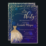Gold Dress, Diamonds Blue 30. Geburtstag Party Einladung<br><div class="desc">Gold Kleid,  Tiara und Diamanten auf einem blauen Hintergrund.</div>
