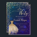 Gold Dress, Diamonds Blue 30. Geburtstag Party Einladung<br><div class="desc">Gold Kleid,  Tiara und Diamanten auf einem blauen Hintergrund.</div>