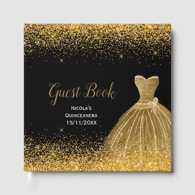Gold Dress Faux Glitter Quinceanera Gästebuch (Vorderseite)