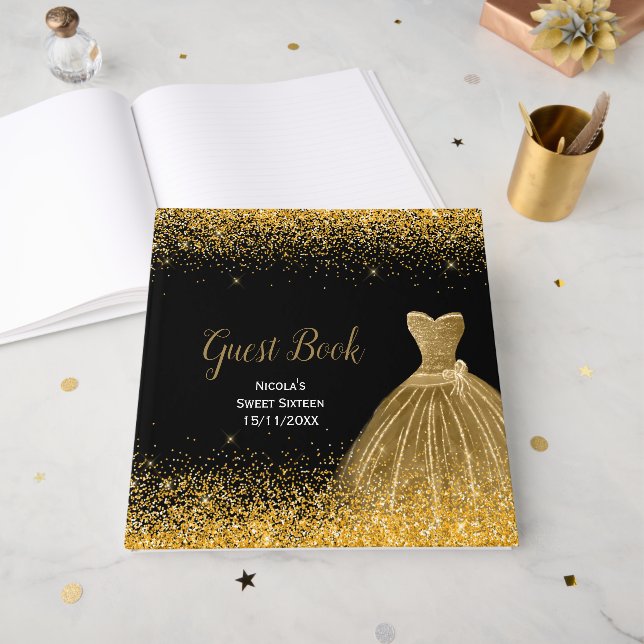 Gold Dress Faux Glitter Sweet 16  Gästebuch (Vorderseite offen)