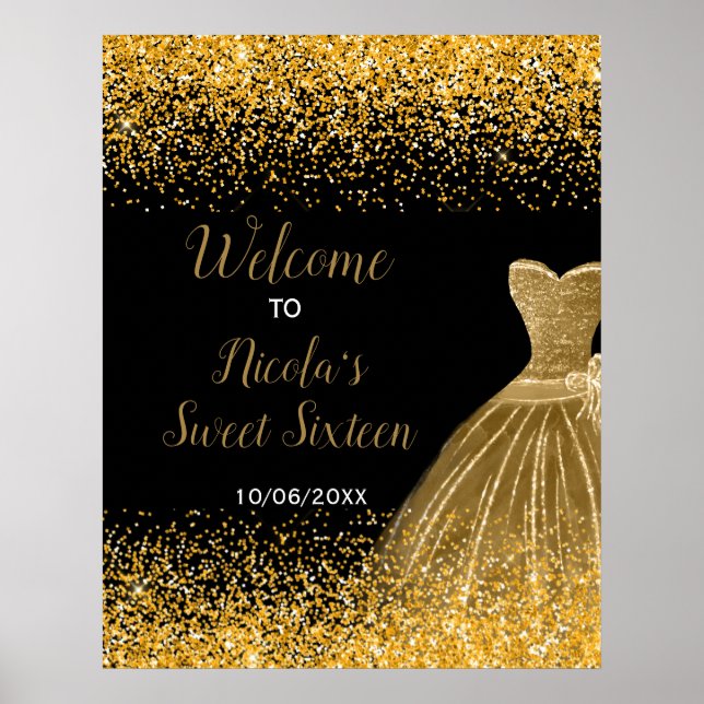 Gold Dress Faux Glitter Sweet 16 Welcome Poster (Vorne)