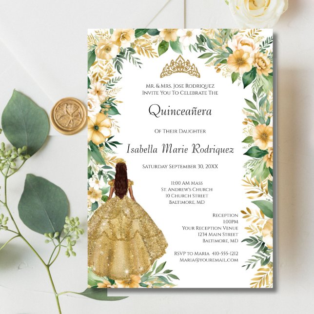 Gold Dress Floral Elegante Formal Quinceanera Einladung (Gold Dress, Gold Florals with Greenery Quinceanera Invitation)