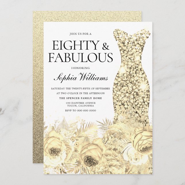 Gold Dress Floral Neunzig & Fabulous 90. Geburtsta Einladung (Vorne/Hinten)