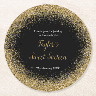 Gold Dress Imitate Glitzer Sweet 16 Geburtstag Runder Pappuntersetzer