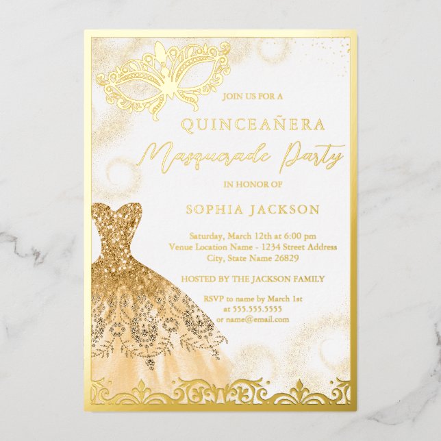 Gold Dress Masquerade Party Quinceanera Folieneinladung (Vorderseite)