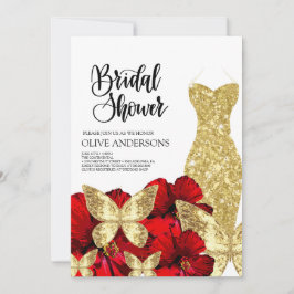 Gold Dress Red Rose Floral Bridal Shower  Einladung
