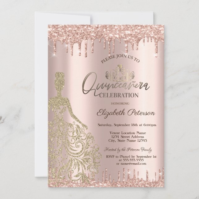 Gold Dress Rose Gold Glitzer Drops Quinceañera Einladung (Vorderseite)