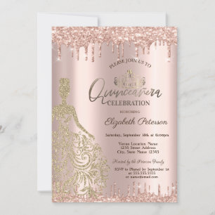 Gold Dress Rose Gold Glitzer Drops Quinceañera Einladung