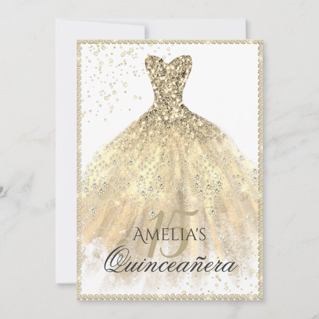 Gold Dress Sparkle 15. Quinceanera Einladung (Vorderseite)