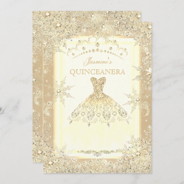 Gold Dress Tiara Winter Wonderland Quinceanera Einladung (Vorne/Hinten)