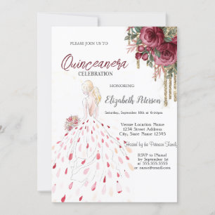 Gold Drips,Kleid,Watercolor-Rosen Quinceanera Einladung