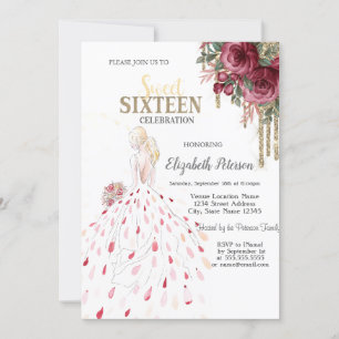 Gold Drips,Kleid,Watercolor Rosen Sweet 16 Einladung