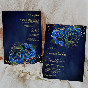 Gold Dunkel König Blau Floral All in One Hochzeit Einladung