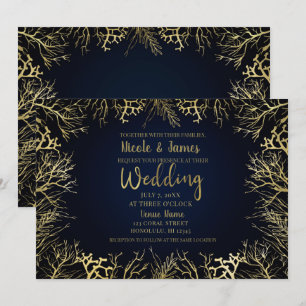Gold & Dunkel Navy Blau Elegante Korallen Hochzeit Einladung