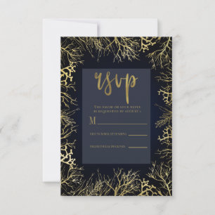 Gold & Dunkelblau Elegante Korallen Hochzeit RSVP Karte