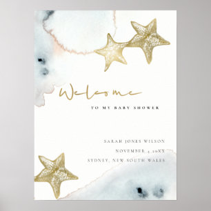 Gold Dusky Blue Beach Starfish Baby Dusche Willkom Poster