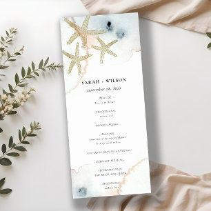 Gold Dusky Blue Beachy Starfish Hochzeitsprogramm Einladung