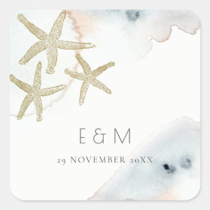 GOLD DUSKY BLUE BEACHY STARFISH MONOGRAM WEDD QUADRATISCHER AUFKLEBER