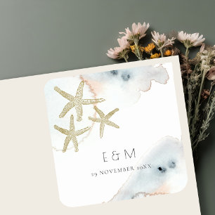 GOLD DUSKY BLUE BEACHY STARFISH MONOGRAM WEDD QUADRATISCHER AUFKLEBER
