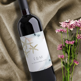 GOLD DUSKY BLUE BEACHY STARFISH MONOGRAM WEDD WEINETIKETT