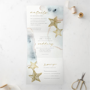 GOLD DUSKY BLUE BEACHY STARFISH WATERCOLOR WEDD DREIFACH GEFALTETE EINLADUNG