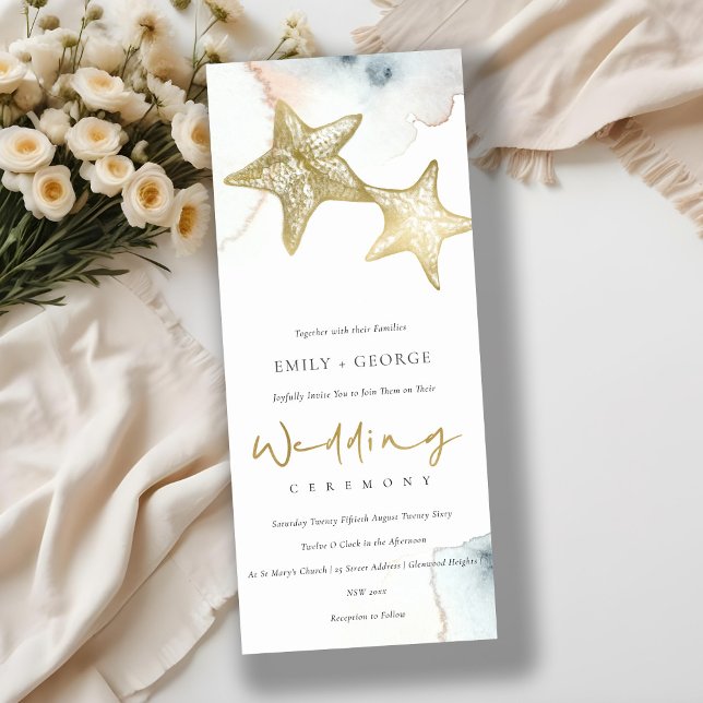 GOLD DUSKY BLUE BEACHY STARFISH WEDING INVITATION EINLADUNG (Von Creator hochgeladen)