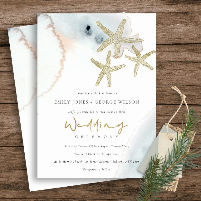 GOLD DUSKY BLUE BEACHY STARFISH WEDING INVITE DANKESKARTE (Von Creator hochgeladen)