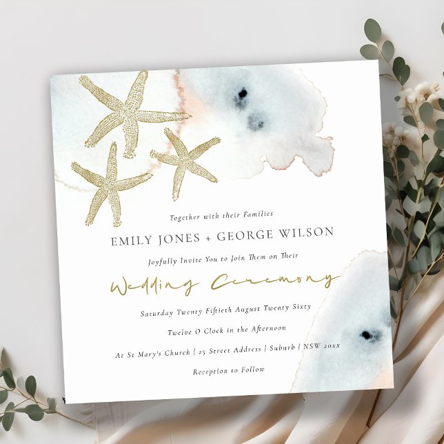GOLD DUSKY BLUE BEACHY STARFISH WEDING INVITE DANKESKARTE (Von Creator hochgeladen)