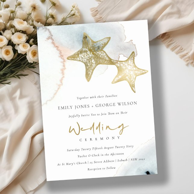 GOLD DUSKY BLUE BEACHY STARFISH WEDING INVITE DANKESKARTE (Von Creator hochgeladen)