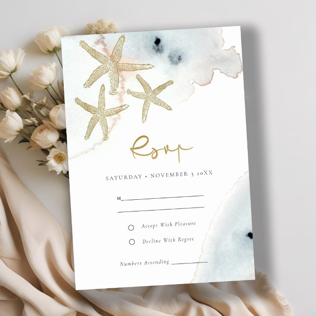 GOLD DUSKY BLUE BEACHY STARFISH WEDING RSVP BEGLEITKARTE (Von Creator hochgeladen)