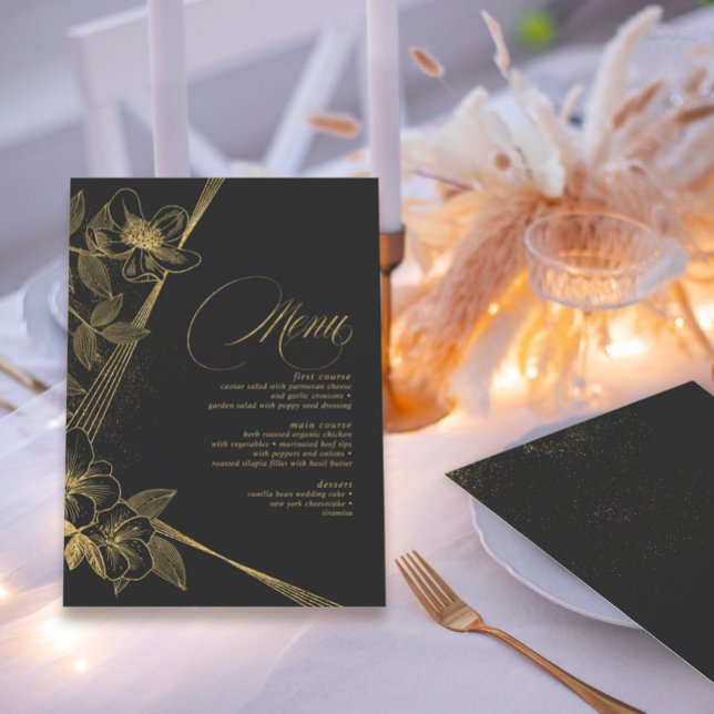 Gold Dust & Konturen Wedding Menu Blk/Gld ID835 Menükarte (Von Creator hochgeladen)