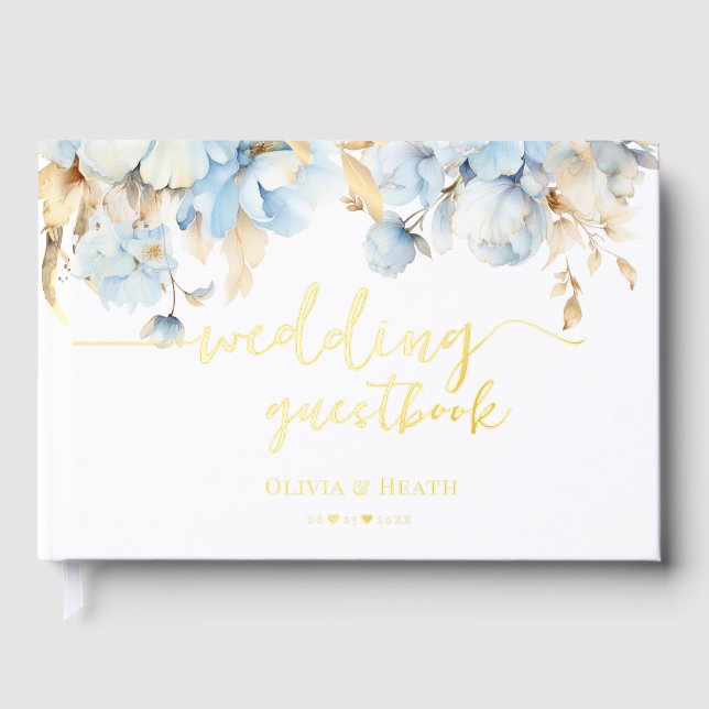 Gold Dusty Blue Floral Wedding Gästebuch (Vorderseite)