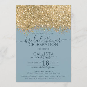 Gold Dusty Blue Glitzer Confetti Brautparty Einladung