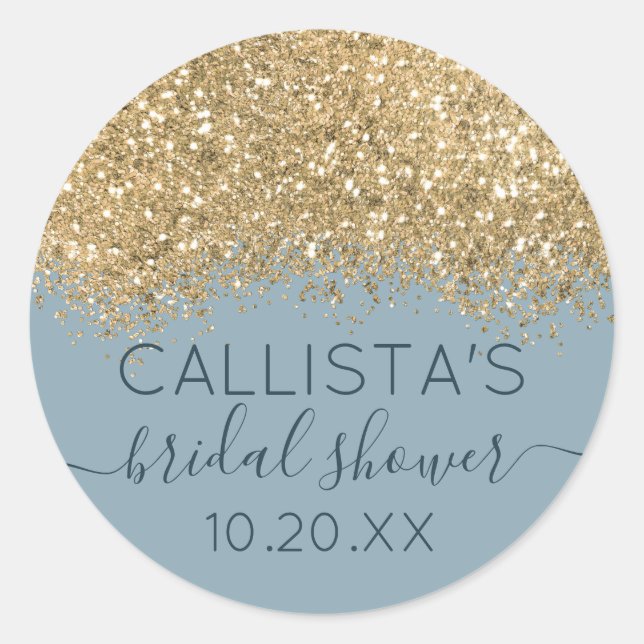 Gold Dusty Blue Glitzer Confetti Brautparty Runder Aufkleber (Vorderseite)