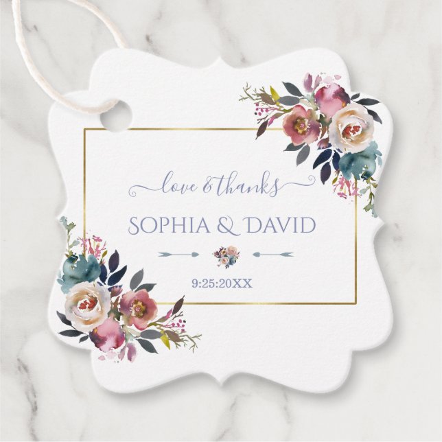 Gold Dusty Blue Pink Floral Gold Monogram Wedding Geschenkanhänger (Vorderseite)
