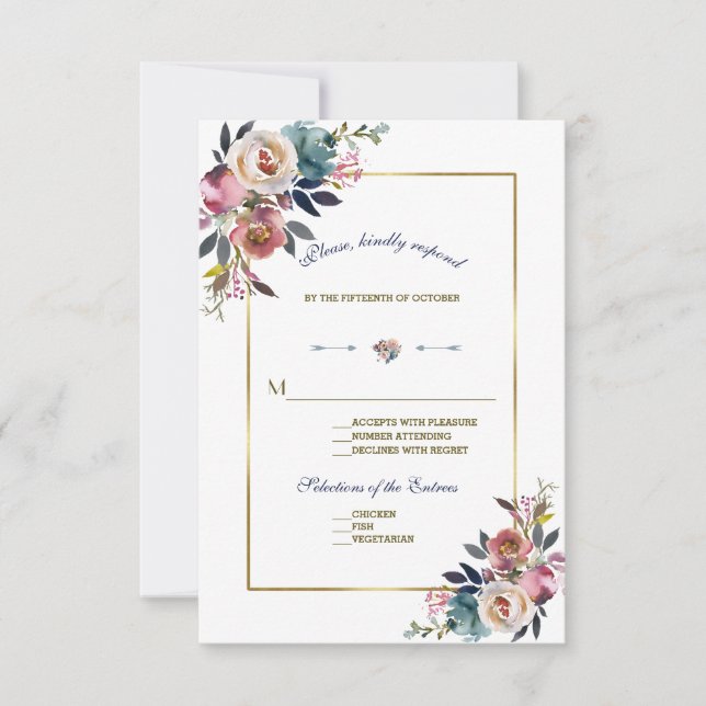 Gold Dusty Blue Pink Floral | HochzeitsrSVP RSVP Karte (Vorderseite)