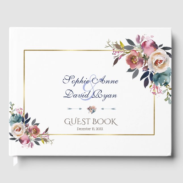 Gold Dusty Blue Pink Floral Wedding Gästebuch (Vorderseite)