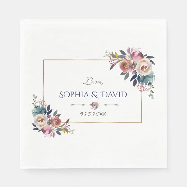 Gold Dusty Blue Pink Floral Wedding Serviette (Vorderseite)