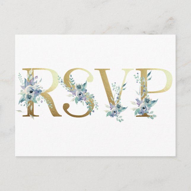 Gold Dusty Blue Watercolor Hochzeit Elegantes Flor Einladungspostkarte (Vorderseite)