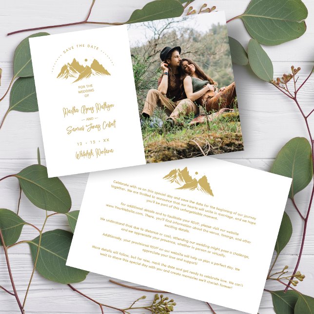  Gold Effect Boho Rustic Mountains Photo Wedding  Save The Date (Faux Gold Effect Boho Rustic Mountains Photo Wedding Save the Date with Envelope.)
