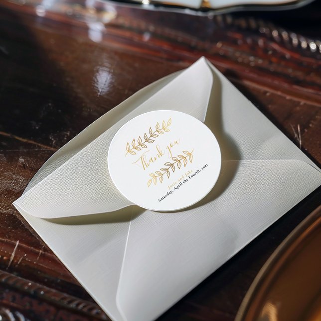 Gold-Effekt-Blätter und Zweige Hochzeit danke Runder Aufkleber (These gold effect pretty leaves and branches wedding thank you stickers)