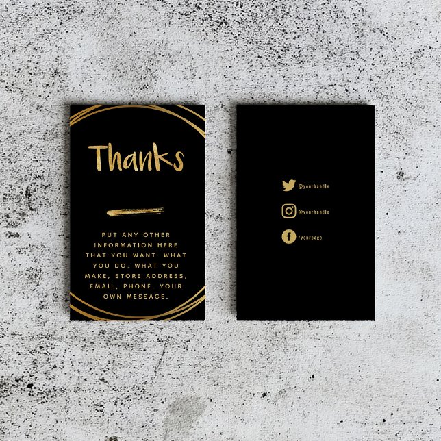 Gold Effekt, schwarz danke für soziale Links Begleitkarte (Black insert card that says "thanks" in fun gold text with gold rings and social media details.)