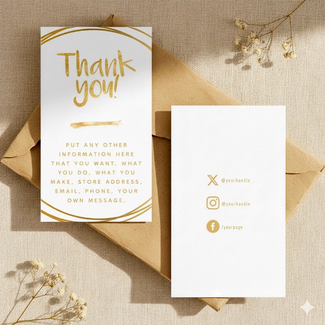 Gold-Effekt, vielen Dank, die Karte soziale Links  (Gold fun and elegant customer order insert card with social media handles.)