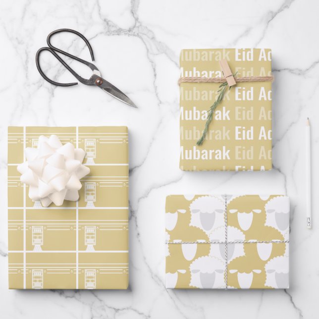 Gold Eid Adha Mubarak Kaaba Sheep Muster Geschenkpapier Set (Vorderseite)