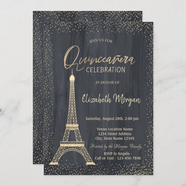 Gold Eiffel Tower Confetti Quinceanera Einladung (Vorne/Hinten)