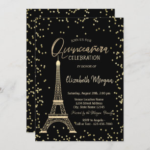 Gold Eiffel Tower Diamonds Black Quinceanera Einladung