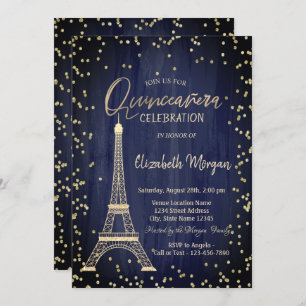 Gold Eiffel Tower Diamonds Navy Blue Quinceanera Einladung
